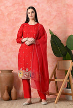 Joban Fashion Red Premium Pure Viscose Print Dola With Handwork Kurta Set | Grocsy