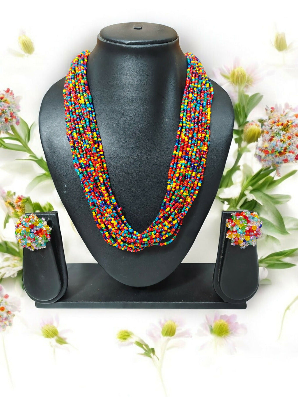 Inhanns Vibrant Handmade 20 Layers Beaded Necklace With Matching Earrings - Multi Colour | Grocsy