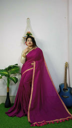 Exclusive Collection Beautiful Khadi Cotton Handloom Saree With Beautiful Zari Border - Purple | Grocsy