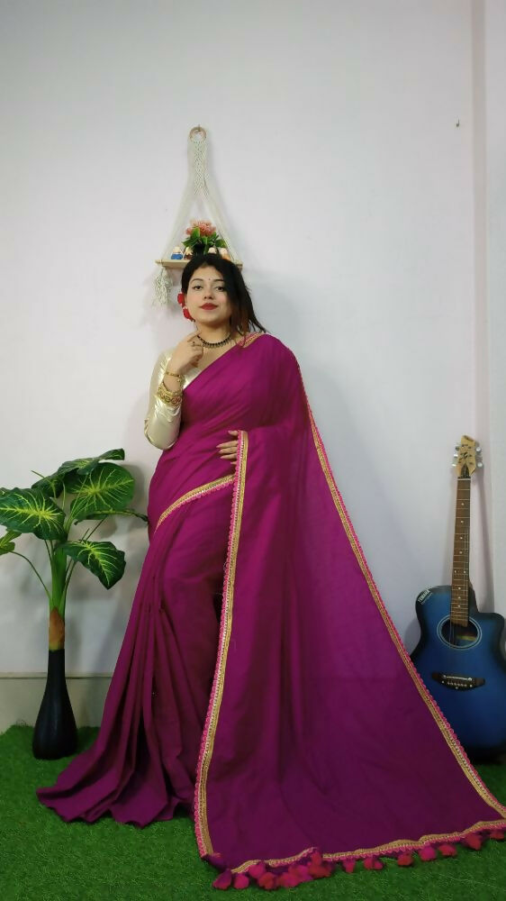 Exclusive Collection Beautiful Khadi Cotton Handloom Saree With Beautiful Zari Border - Purple | Grocsy