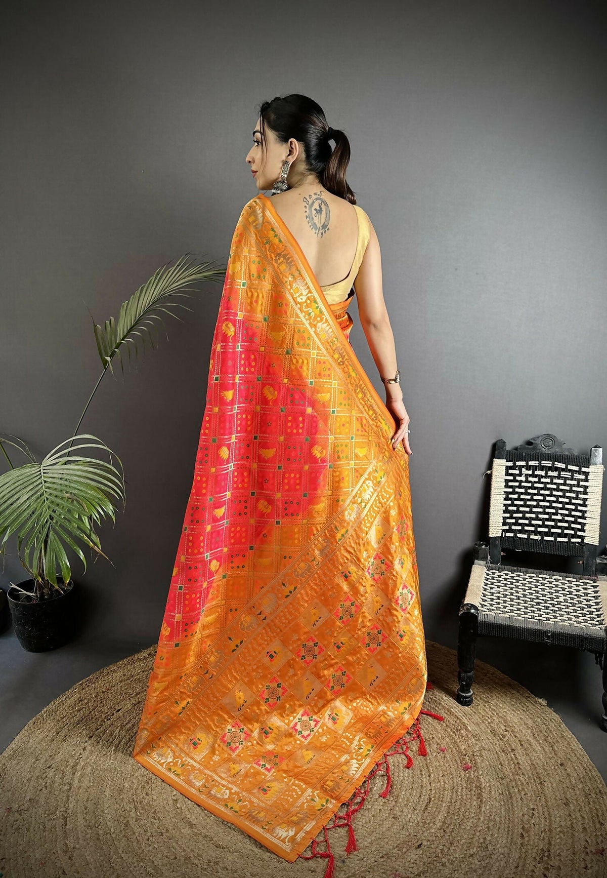 Joban Fashion Pastel Orange Geometric Pattern Soft Silk Patola Saree | Grocsy
