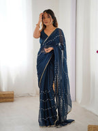 Petrol Sitara Chiffon Designer Beads Moti,Val Sequence Work Saree - Noorie | Grocsy