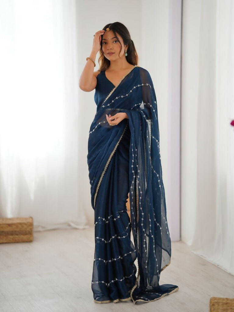 Petrol Sitara Chiffon Designer Beads Moti,Val Sequence Work Saree - Noorie | Grocsy