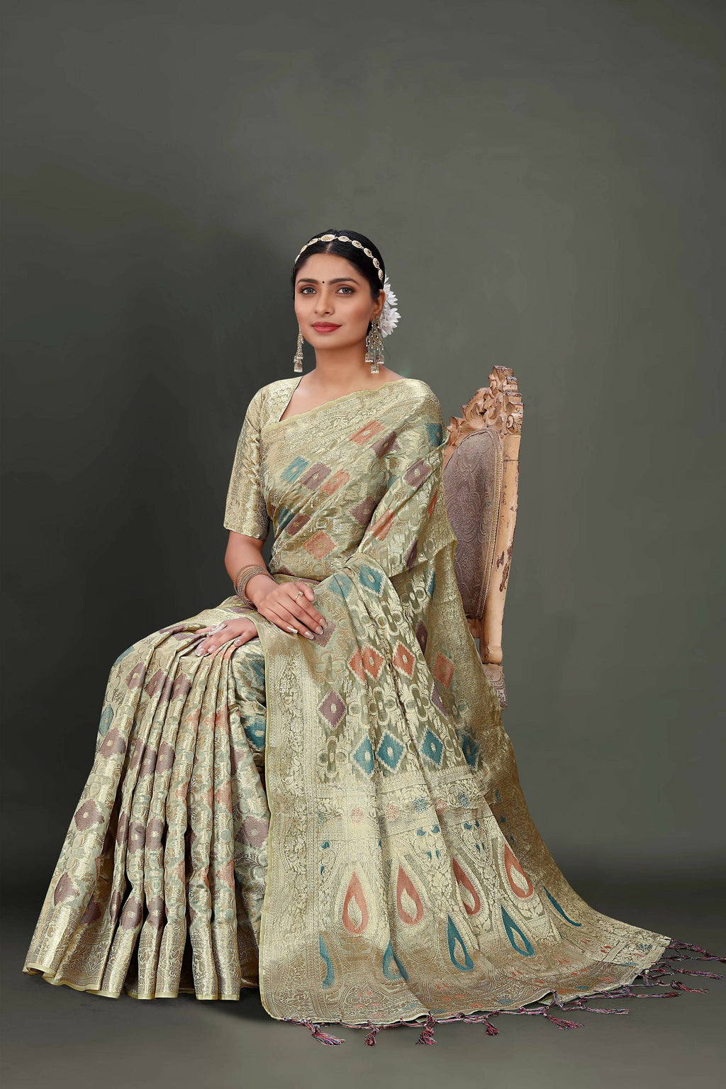 Grey Soft Organza Woven Design Saree With Unstitched Blouse Piece - Zaara | Grocsy