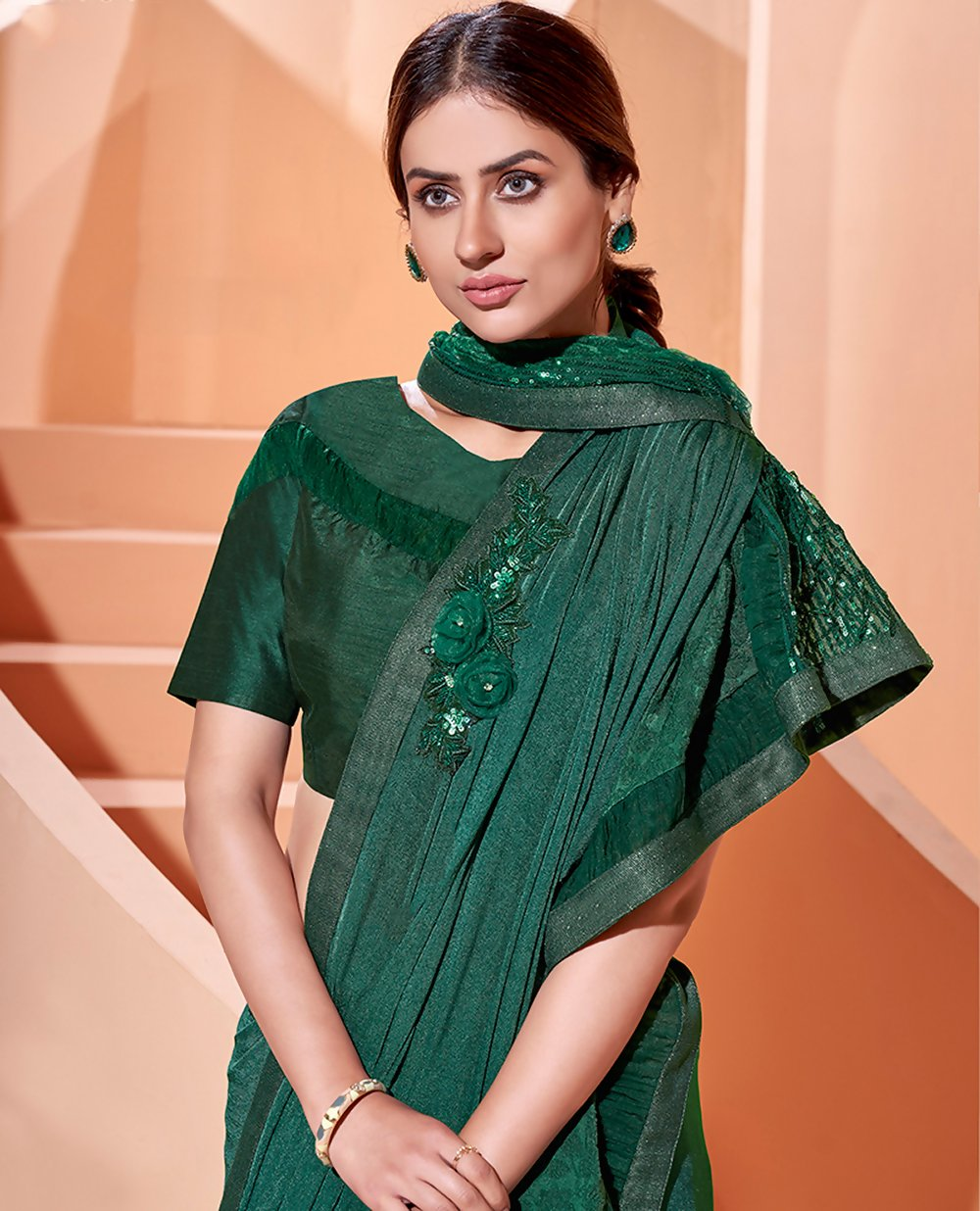 Green Lycraflock Work, Seuqins Embroidery, Handwork Shoulder Butta Saree - Norita Hit | Grocsy