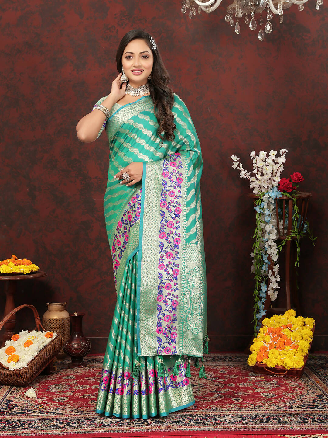 Lorenvalley Fashion Teal Soft Silk Woven Design with Zari Weaving Leheriya Design Saree | Grocsy