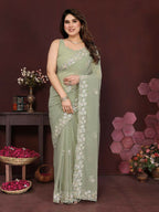 PR Fashion Pista Georgette Embroidery Work With Embroidery Work Blouse Saree | Grocsy