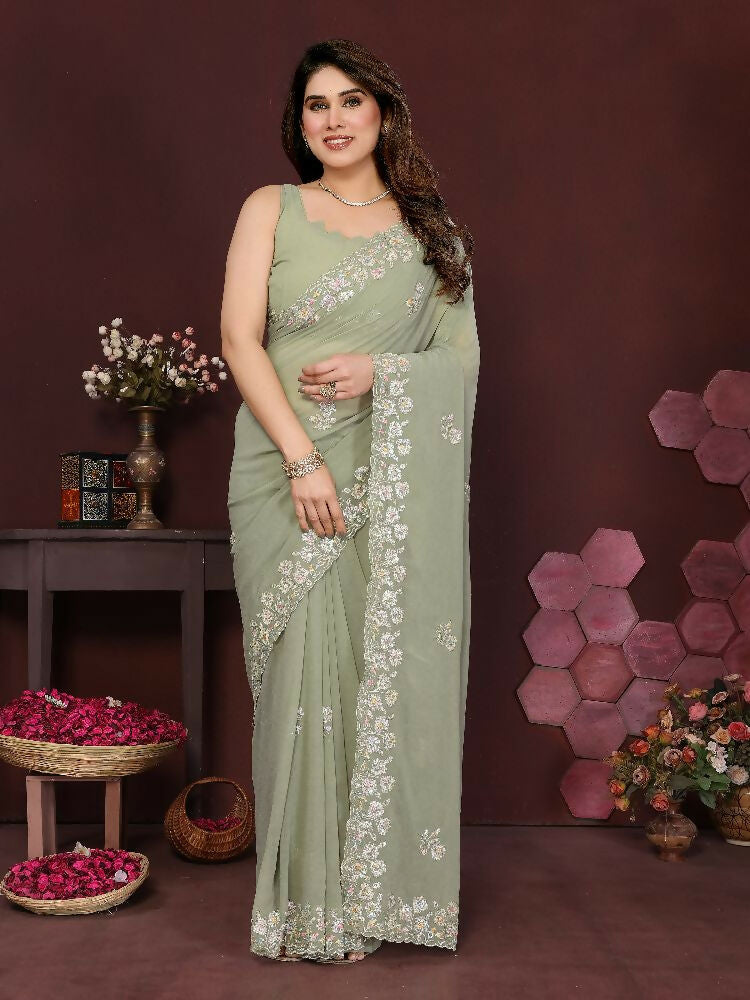 PR Fashion Pista Georgette Embroidery Work With Embroidery Work Blouse Saree | Grocsy