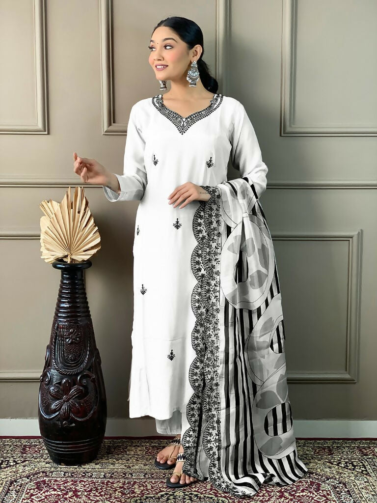 White Viscose chanderi Stitched Suit With Dupatta - Tanisha | Grocsy