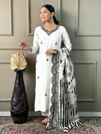 White Viscose chanderi Stitched Suit With Dupatta - Tanisha | Grocsy