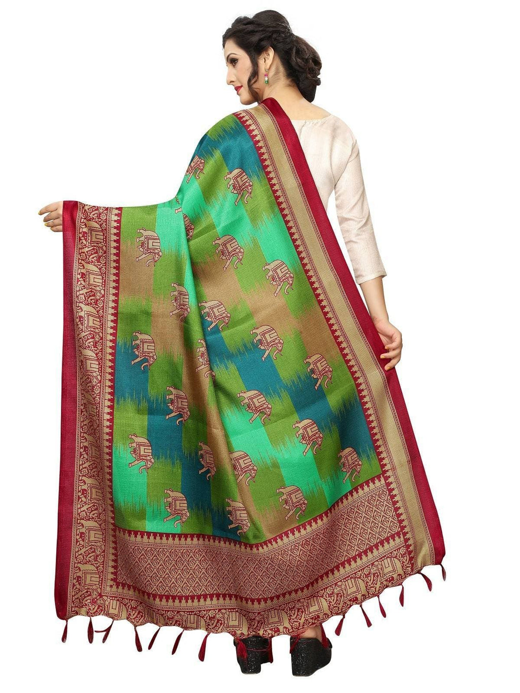 Vamika Red and Peacock Green Printed Khadi Bhagalpuri Dupatta | Grocsy