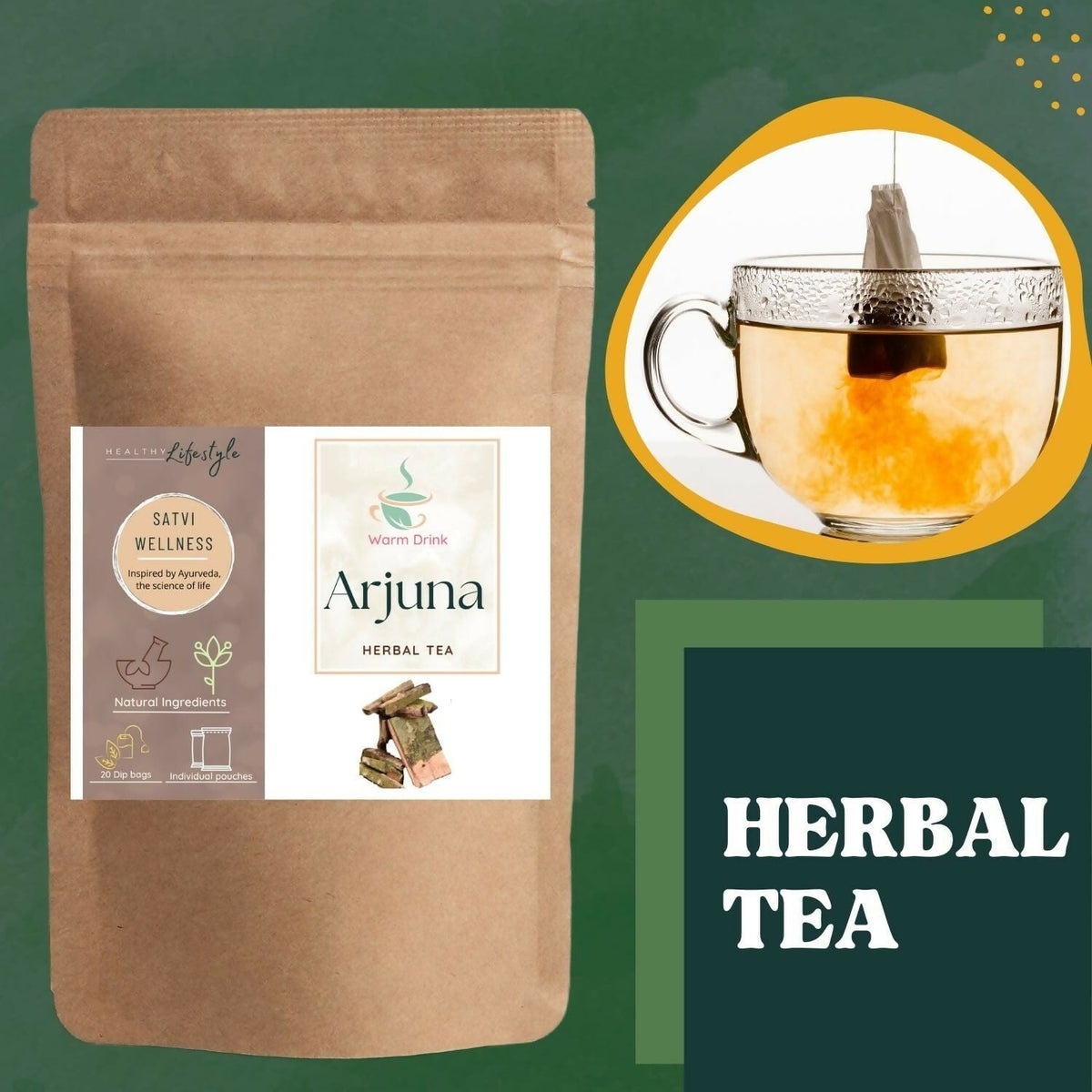 Satvi Wellness Arjuna herbal tea | Terminalia Arjuna tea bag | Natural ingredients | Herbal tea | Grocsy