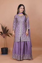 Teeya Creation Lavender Chinon Embroidery Work Party Wear Palazzo Suit | Grocsy