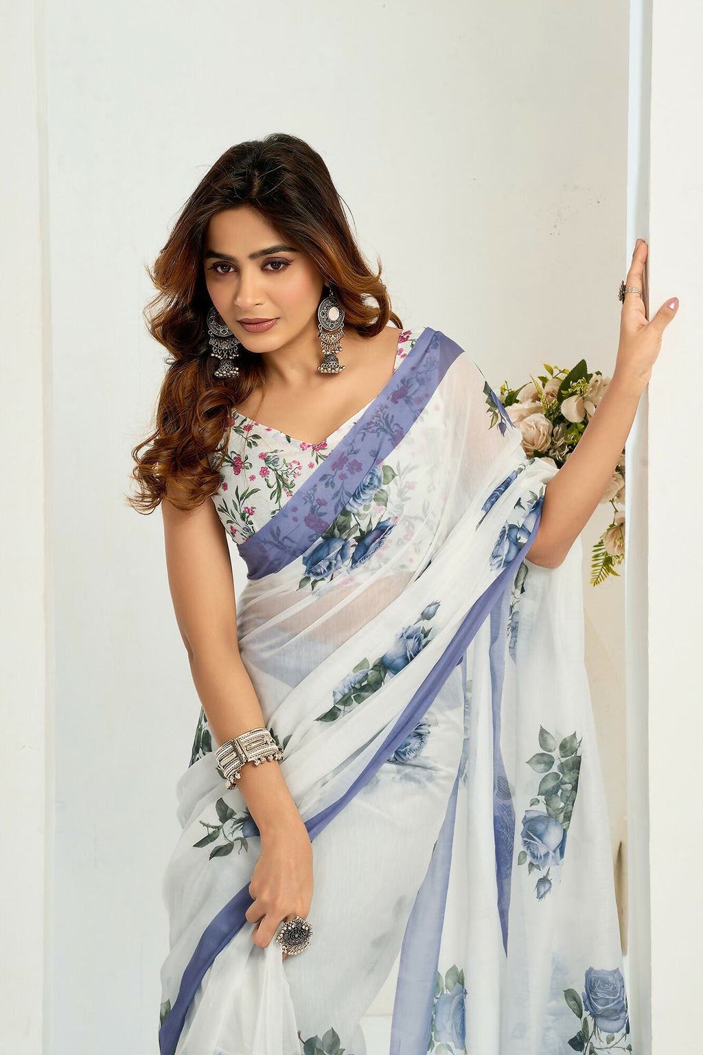 Vastranavya Blue Digital Printed Linen Ready To Wear Designer Saree with Unstitched Blouse | Grocsy