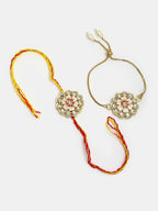 NVR Women & Men Set of 2 Gold Kundan-Studded Bhaiya Bhabhi Rakhi Set With Roli Chawal | Grocsy