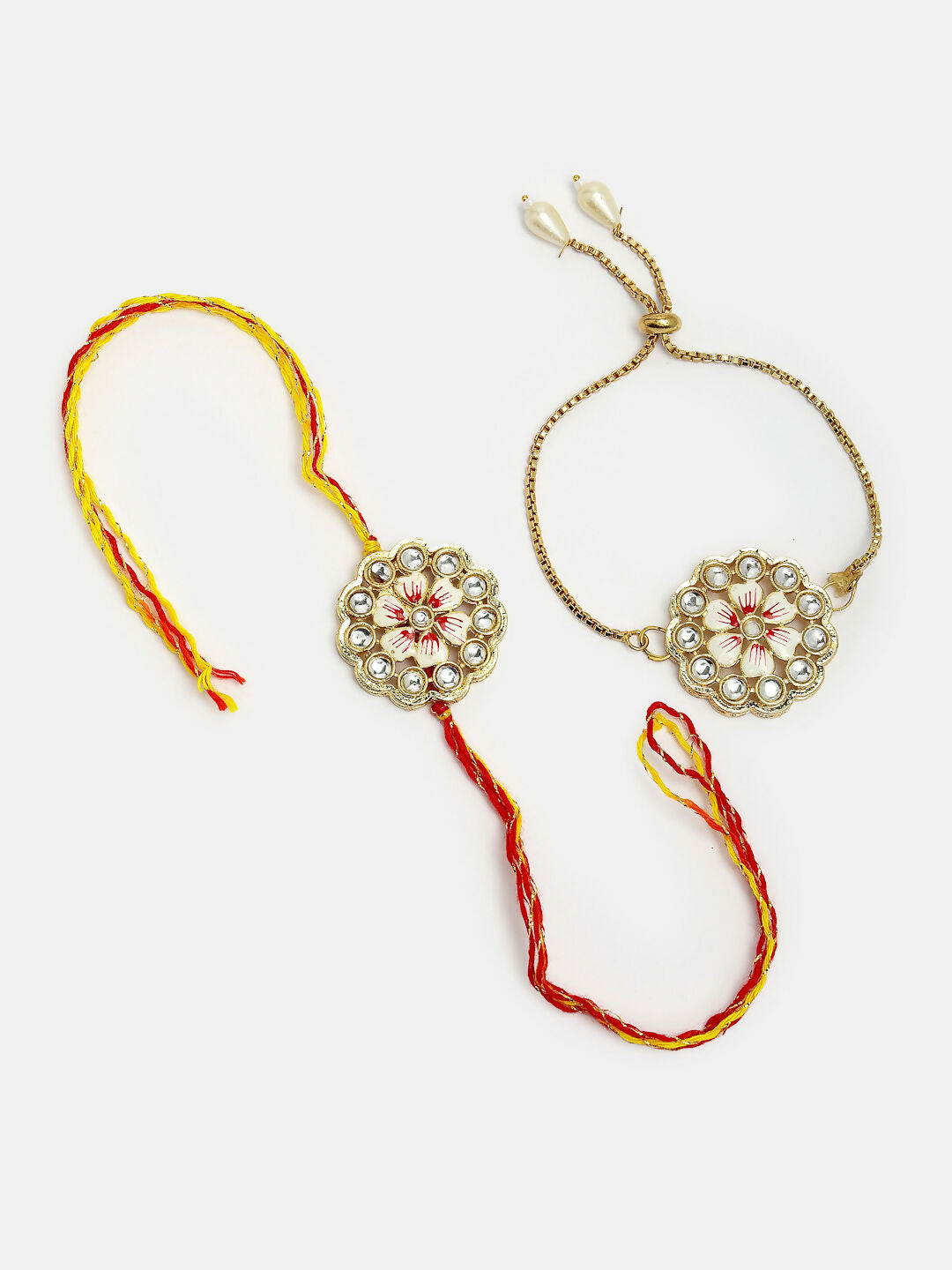NVR Women & Men Set of 2 Gold Kundan-Studded Bhaiya Bhabhi Rakhi Set With Roli Chawal | Grocsy