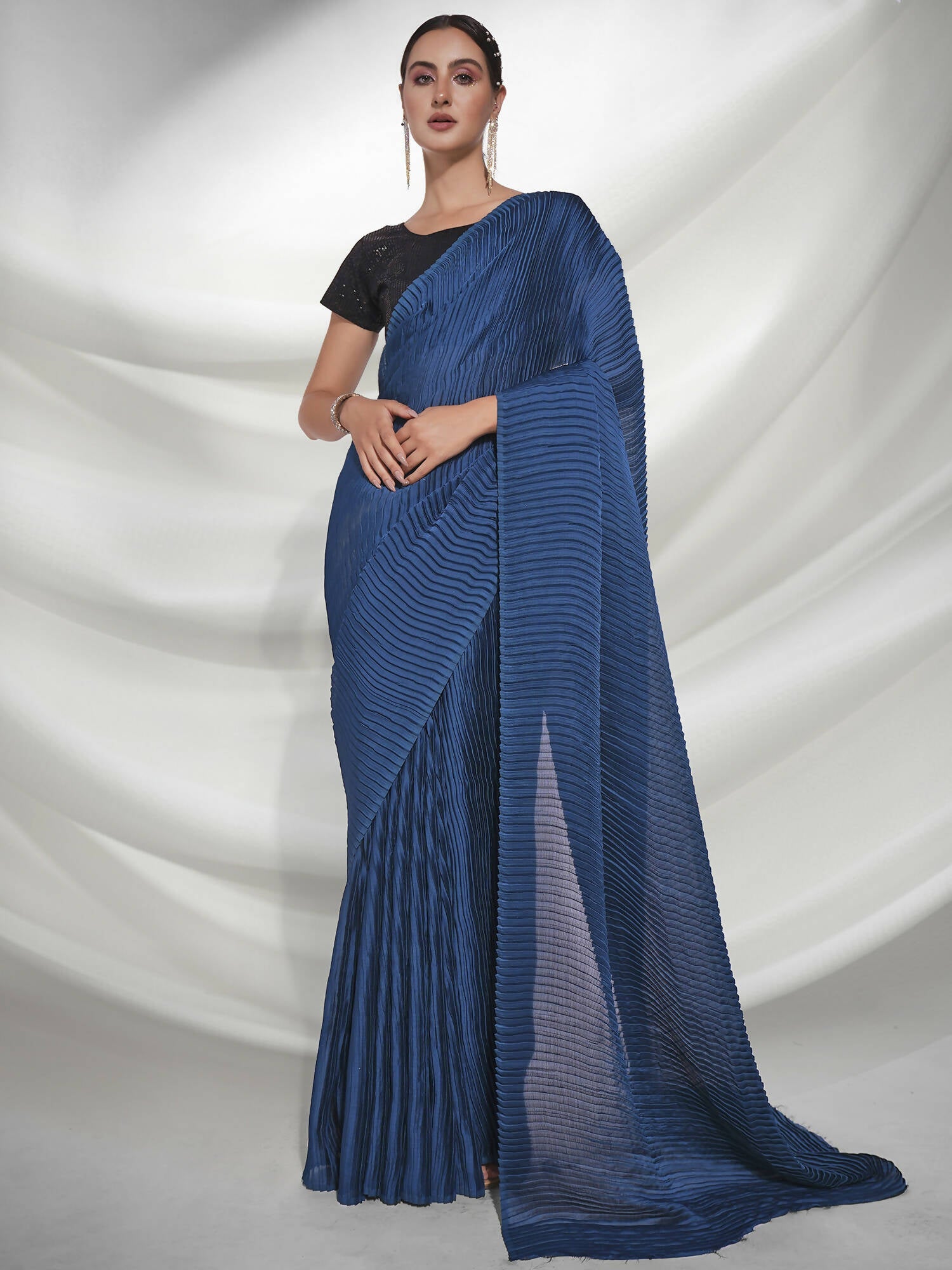 Teal Georgette Solid Texture Saree With Unstitched Blouse Piece - Rajal | Grocsy