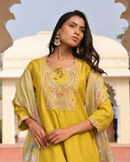 Jyoti Fashion Women's Yellow Cotton Silk Hand Work with Floral Printed Kurta Set | Grocsy