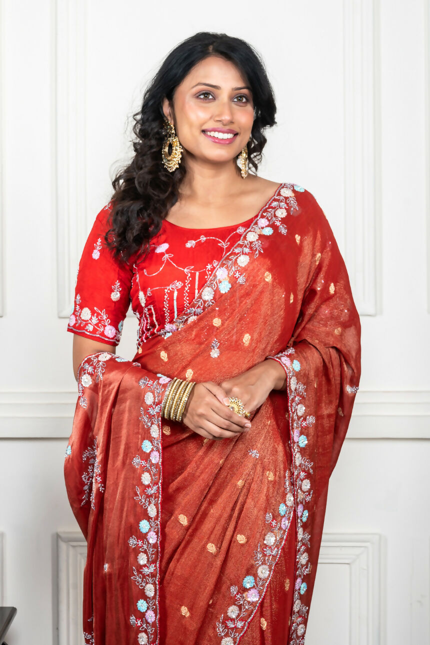 Morchari Rust Red Pure Chiffon Hand Embroidery Saree And Stitched Blouse | Grocsy
