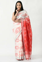 Mominos Fashion Moeza White & Red Bhagalpuri Handloom Ikat Pure Cotton Saree with unstitched Blouse piece | Grocsy