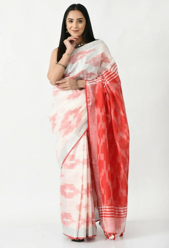 Mominos Fashion Moeza White & Red Bhagalpuri Handloom Ikat Pure Cotton Saree with unstitched Blouse piece | Grocsy