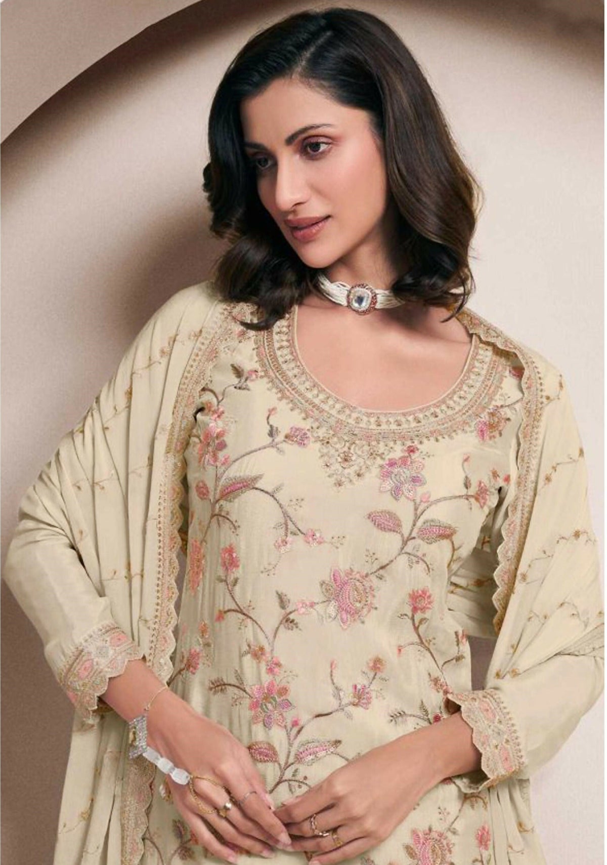 Anaita Off White Heavy Chinon With Embroidery Sharara Suit (bottom Stitched) | Grocsy