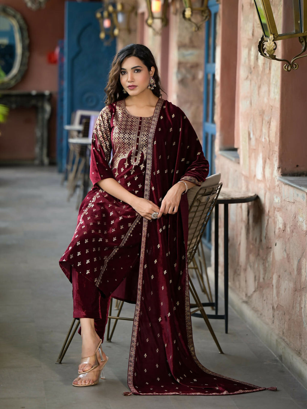 Juniper Women's Maroon Ethnic Motif Printed Velvet Kurta Set With Tassels | Grocsy