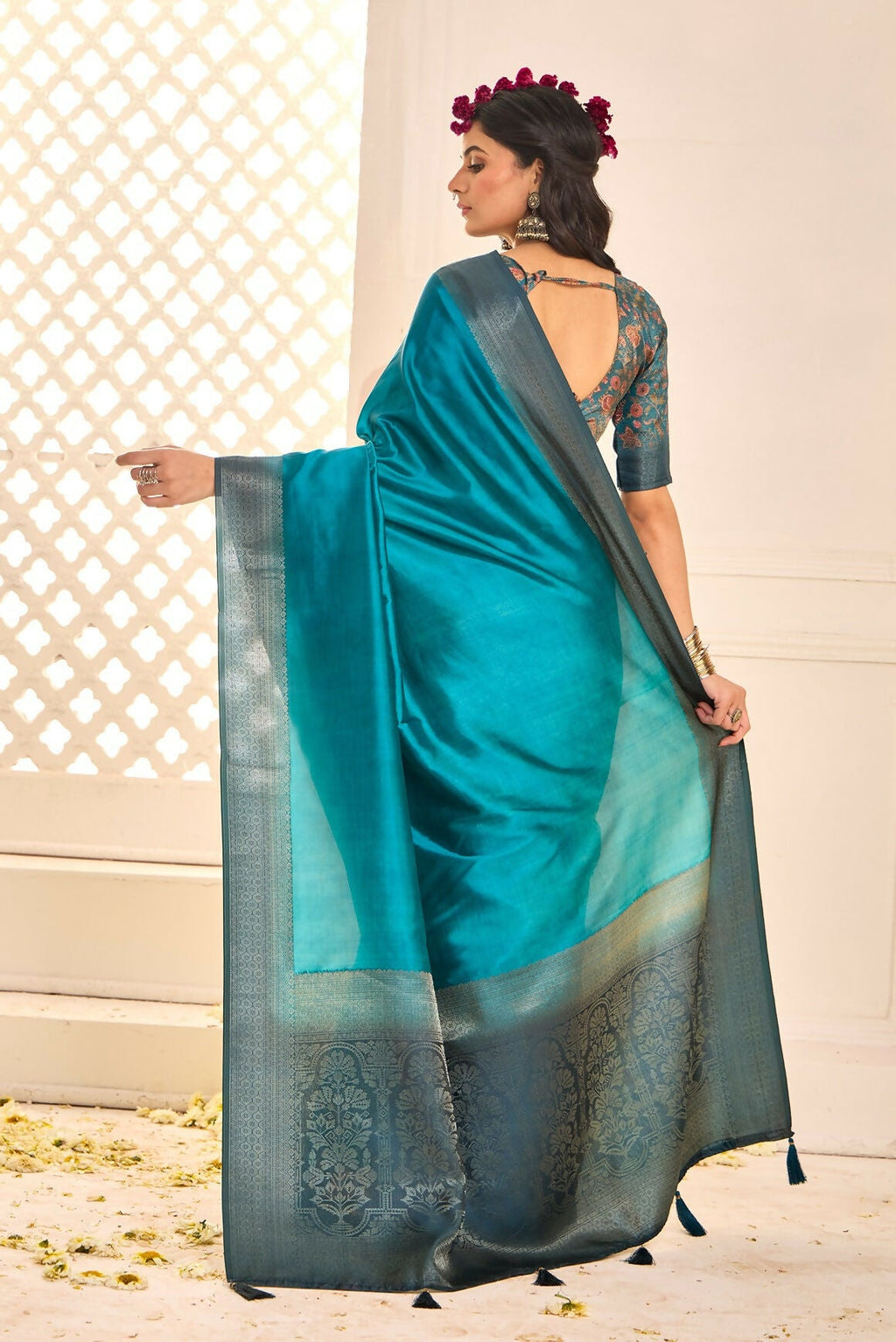 Joban Fashion Satin Silk With Zari Border Sea Green Colored Designer Pallu Saree | Grocsy