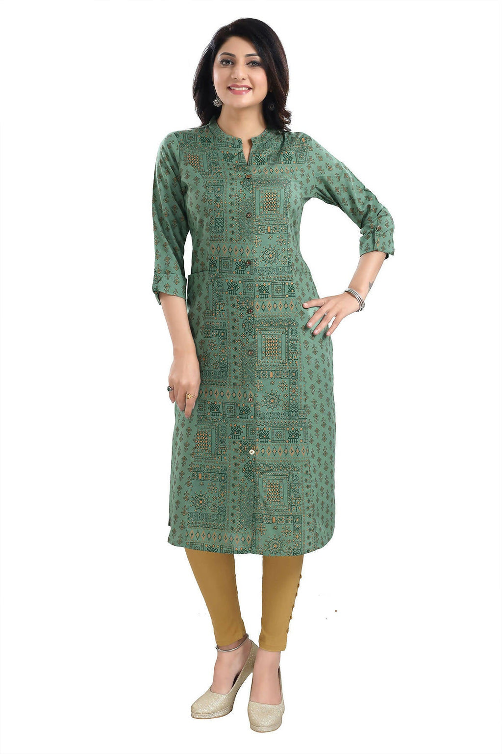 Snehal Creations Pleasing Pista Green Rayon Print Long Kurta For Women | Grocsy