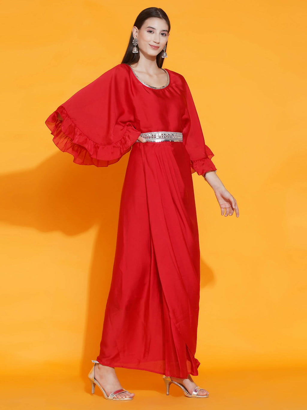 Women Republic Red Georgette Gown With Embellished Belt | Grocsy