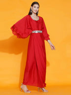 Women Republic Red Georgette Gown With Embellished Belt | Grocsy