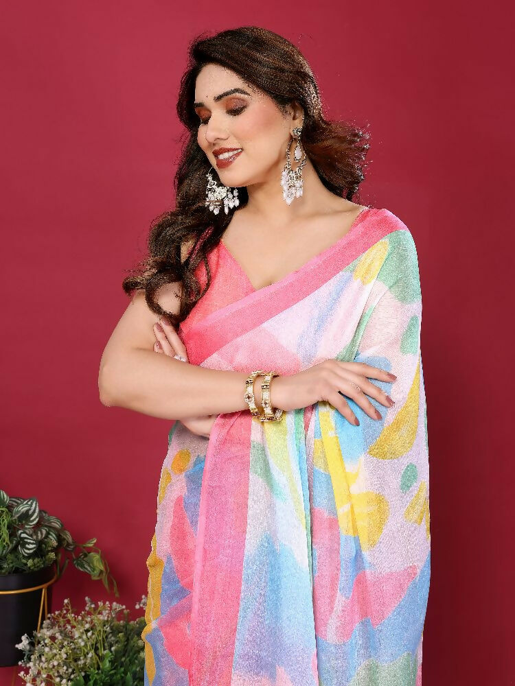 PR Fashion Pink Moss Chiffon Printed Saree | Grocsy