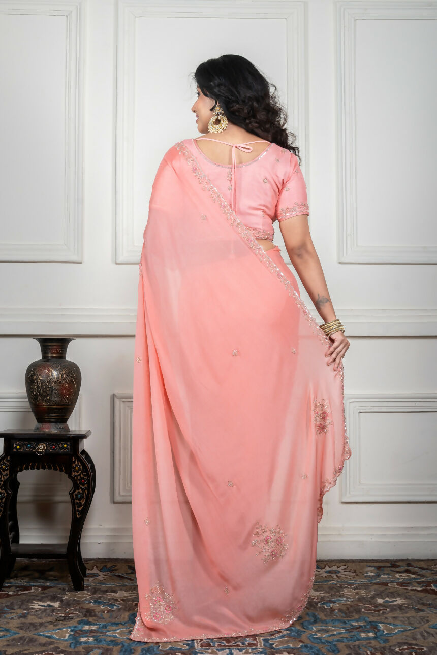 Morchari Peach Chiffon Hand Embroidery Saree And Stitched Blouse | Grocsy