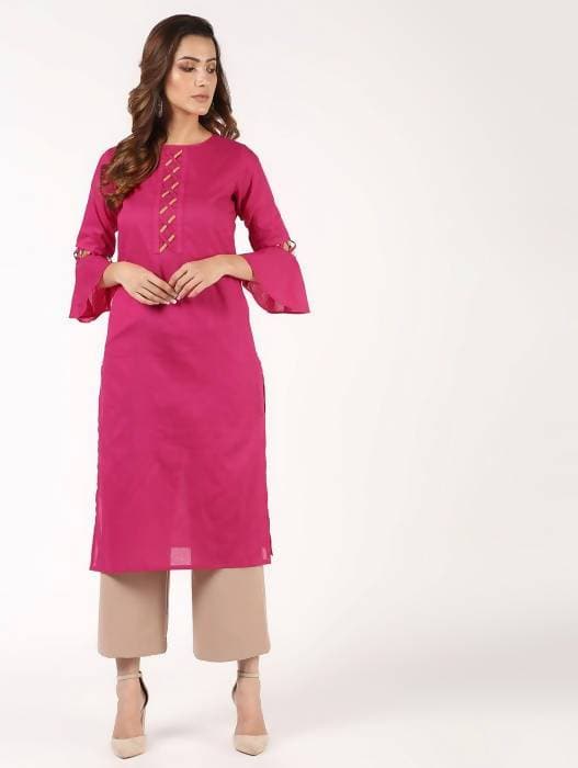 Aniyah Cotton Criss Cross Bell Sleeves Magenta Straight Kurta (AN-144K) | Grocsy
