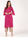Aniyah Cotton Criss Cross Bell Sleeves Magenta Straight Kurta (AN-144K) | Grocsy