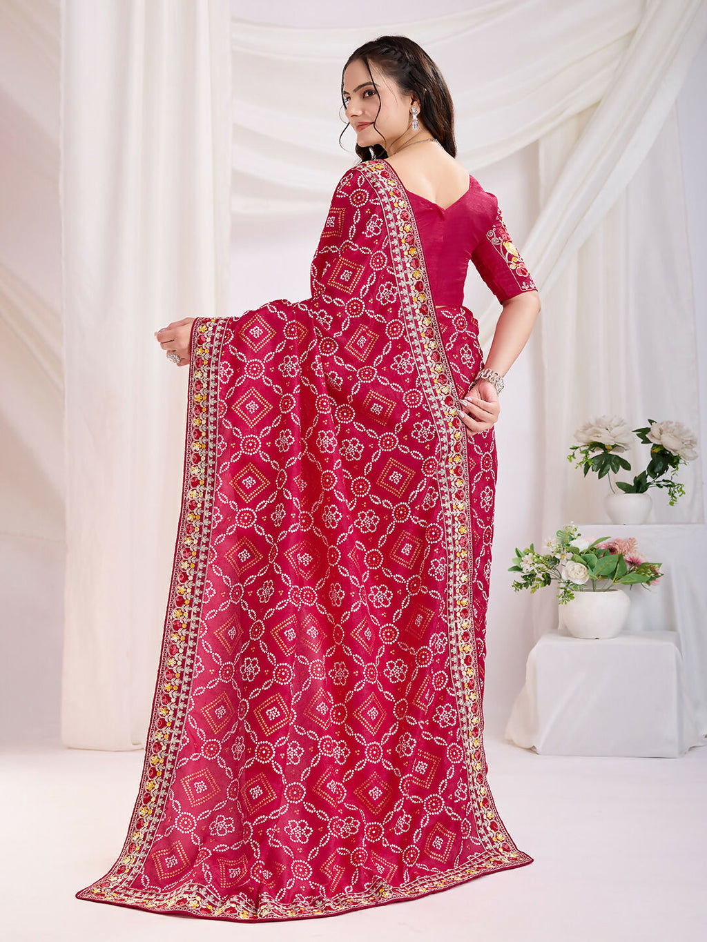 Red Vichitra Silk Bandhani Printed, Embroidery Work Saree - Ditya | Grocsy