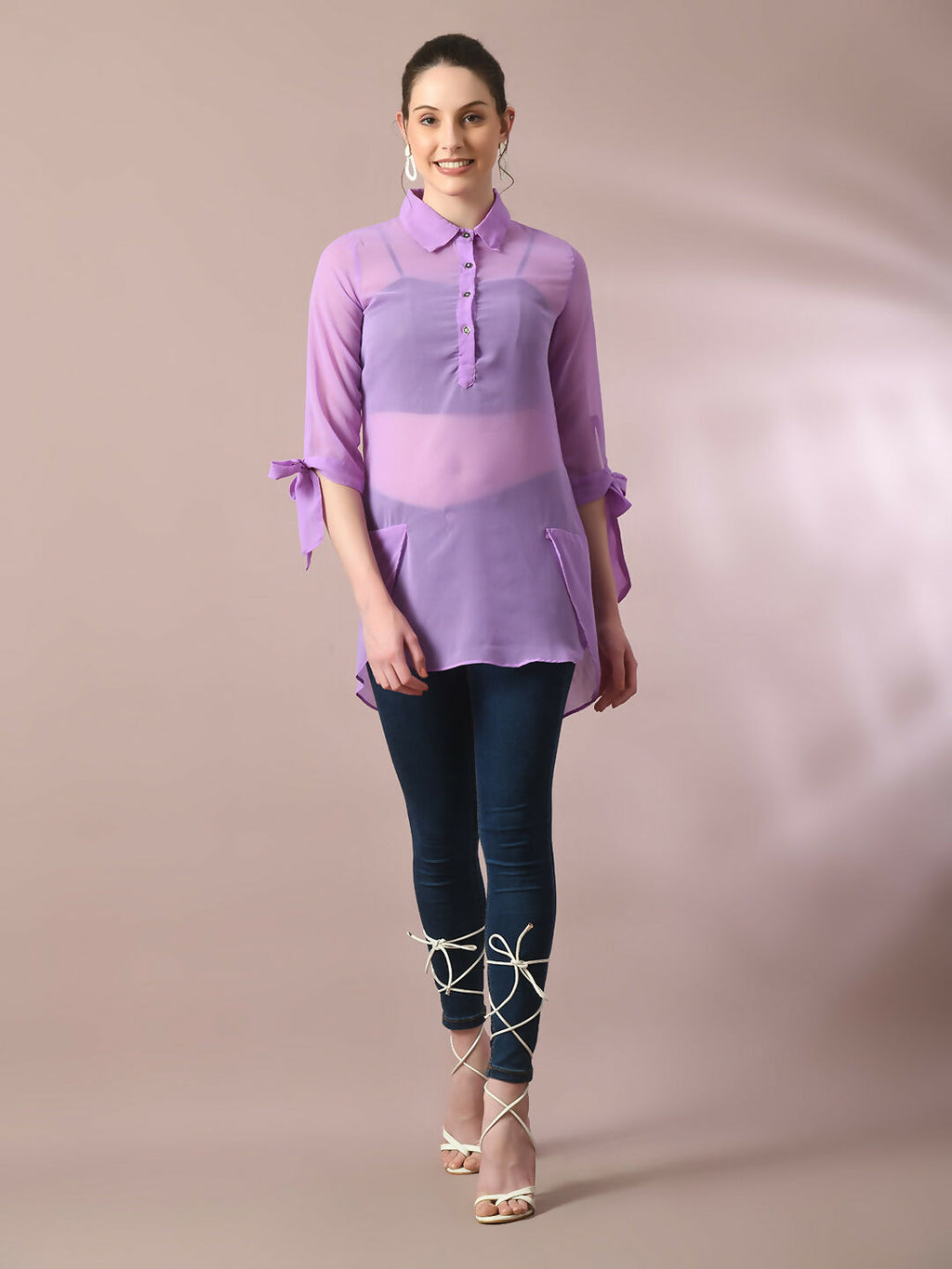 Myshka Women's Lavender Solid Georgette Longline Party Sheer Tunic | Grocsy