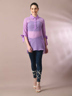 Myshka Women's Lavender Solid Georgette Longline Party Sheer Tunic | Grocsy