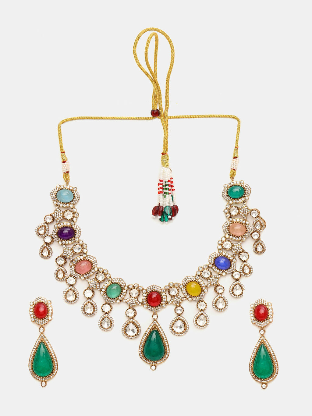 Ruby Raang Gold Polished Kundan Work Multi-Color Maharani Kundan And Stonework Necklace With Earrings | Grocsy