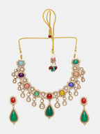 Ruby Raang Gold Polished Kundan Work Multi-Color Maharani Kundan And Stonework Necklace With Earrings | Grocsy
