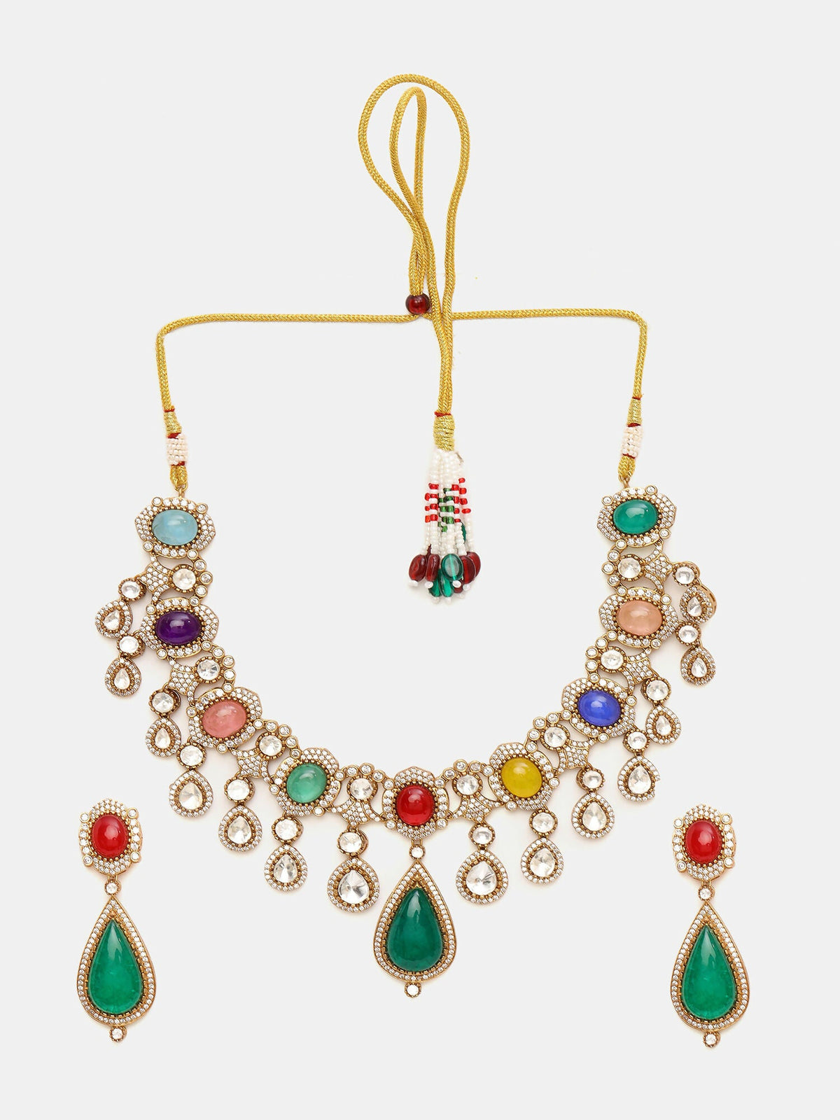 Ruby Raang Gold Polished Kundan Work Multi-Color Maharani Kundan And Stonework Necklace With Earrings | Grocsy