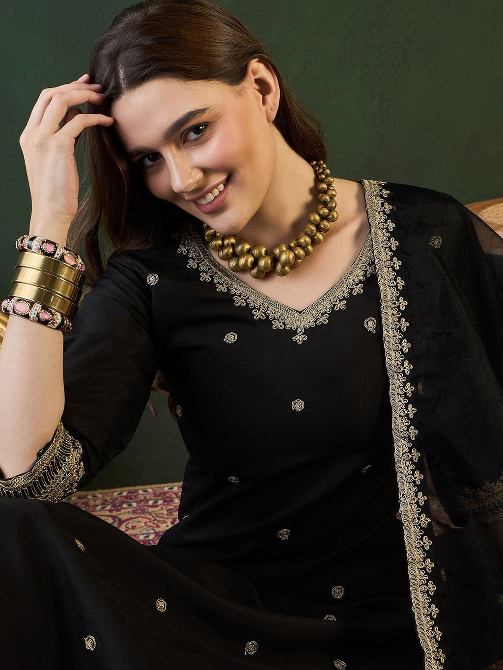 Sangria Zari Sequence Embroidered Straight Kurta & Trousers With Dupatta | Grocsy