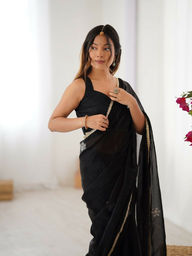 Black Fendy Designer Beads Moti,Val Sequence Work Saree - Siara | Grocsy