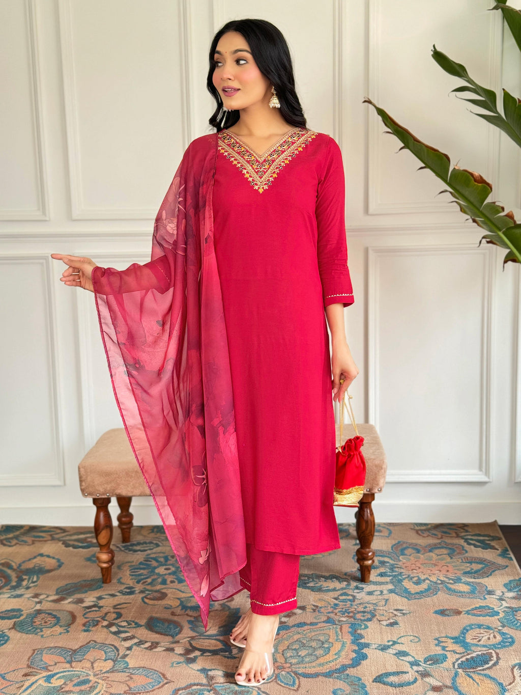 The52 Floral Rayon Fabric Straight Kurta, Pant and Dupatta Set | Grocsy