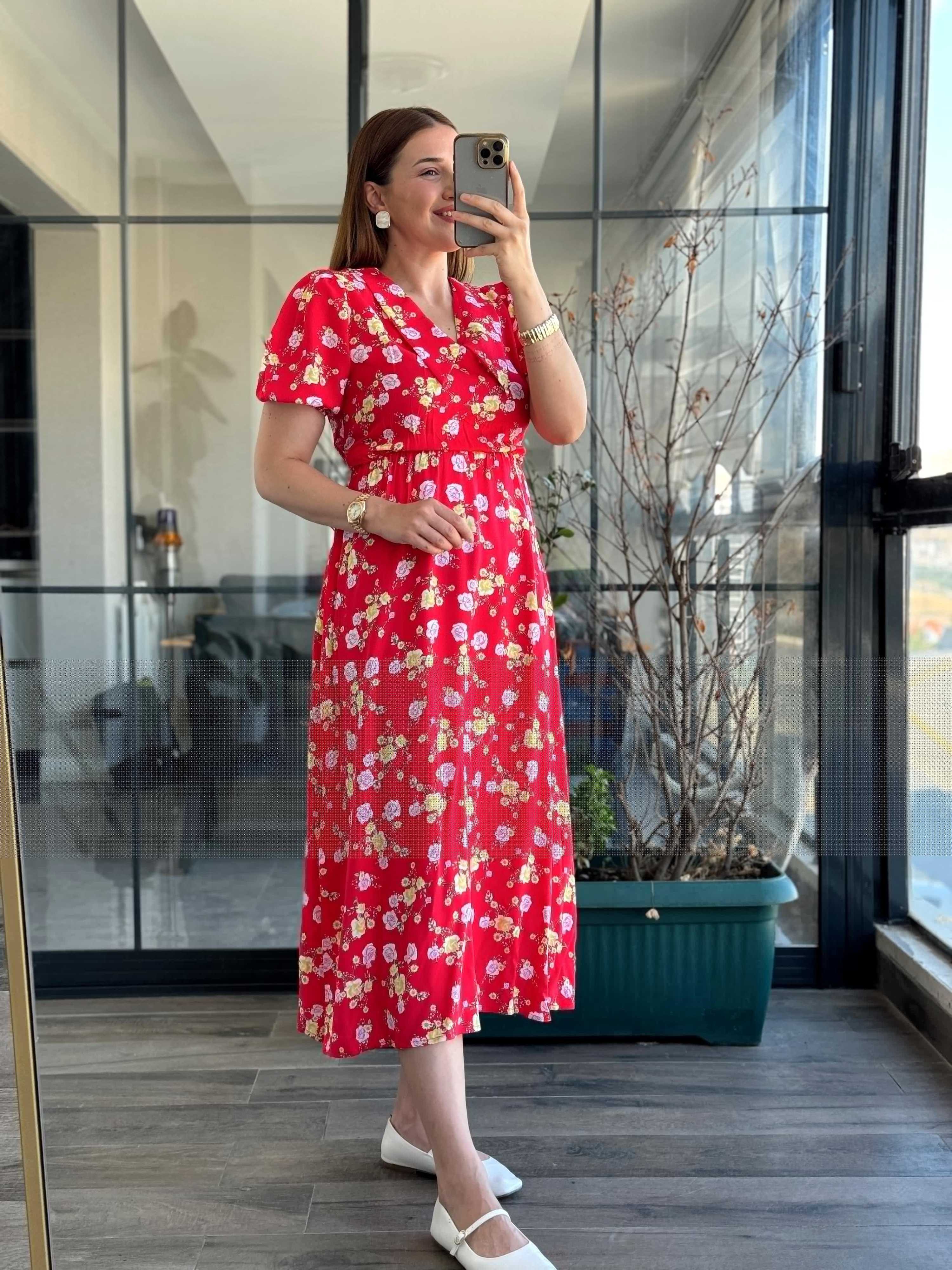 Pimu New Season Baby Collar Viscose Midi Dress - Belted Trend - Red | Grocsy