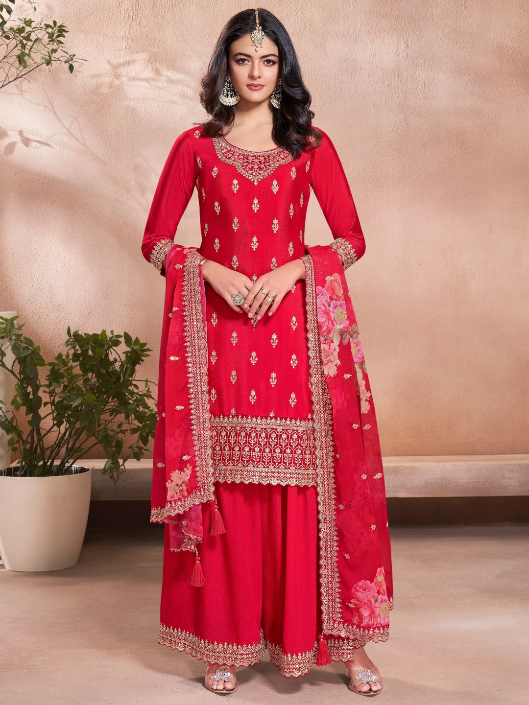 The52 Women's Gorgeous Embroidery Vichitra Silk Fabric Straight Kurta, Sharara and Dupatta Set | Grocsy