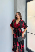 Pimu Front Slit Midi Dresses V-neck Designs For Women Party Wear - Red | Grocsy