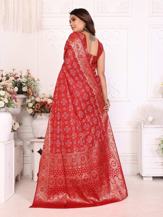 Anaita Red Soft Satin Silk Bandhej Print Saree With Kanchi Zari Weaving Border | Grocsy
