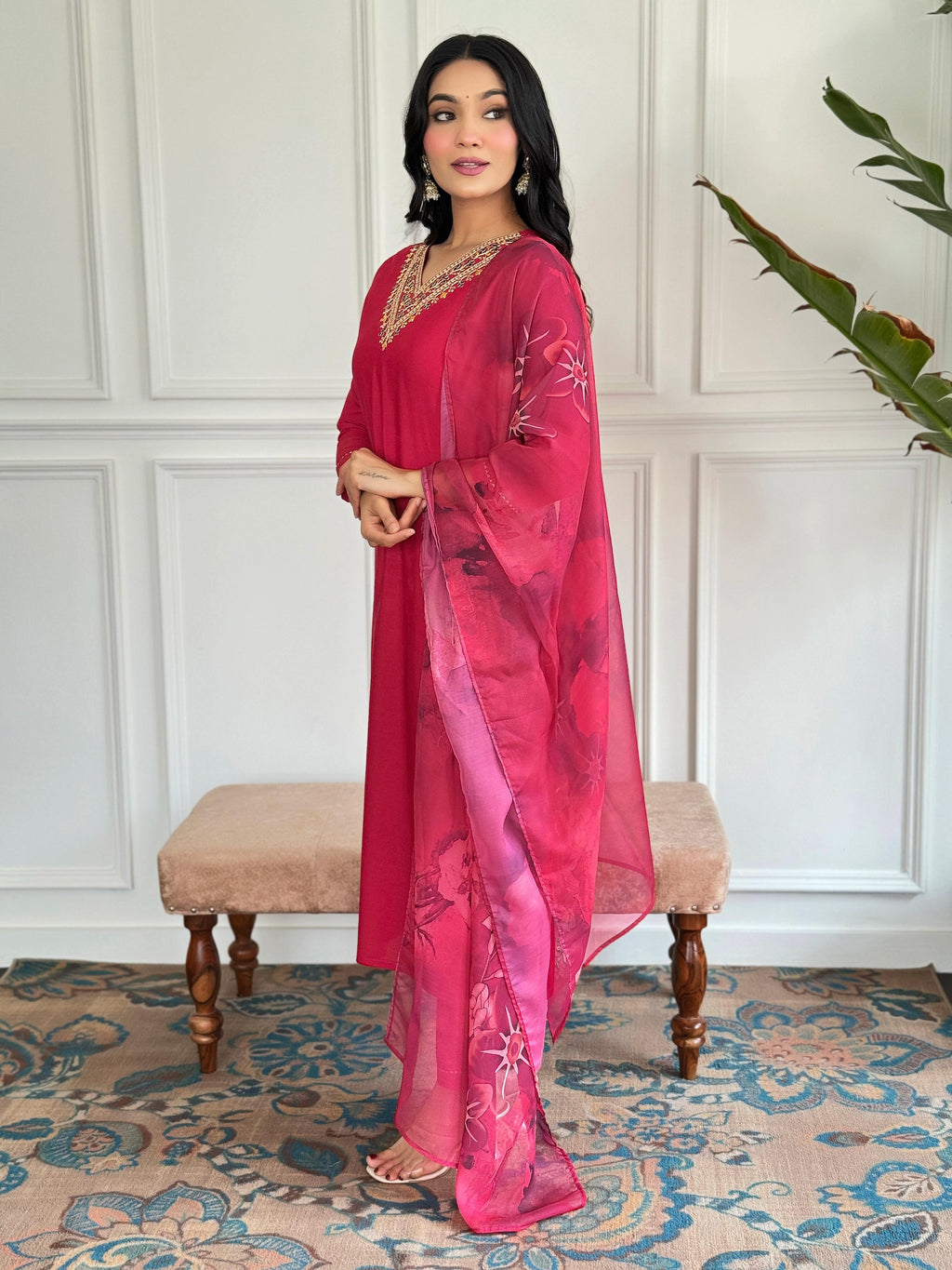 The52 Floral Rayon Fabric Straight Kurta, Pant and Dupatta Set | Grocsy