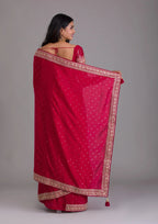 Teeya Creation Red Color Chinnon Silk Heavy Embroidery Work Saree | Grocsy